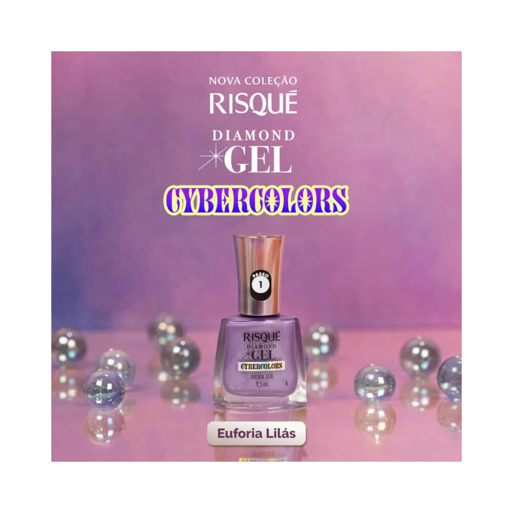 Frasco de esmalte Risqué Diamond Gel Cybercolors Euforia Lilás com fundo de esferas de vidro